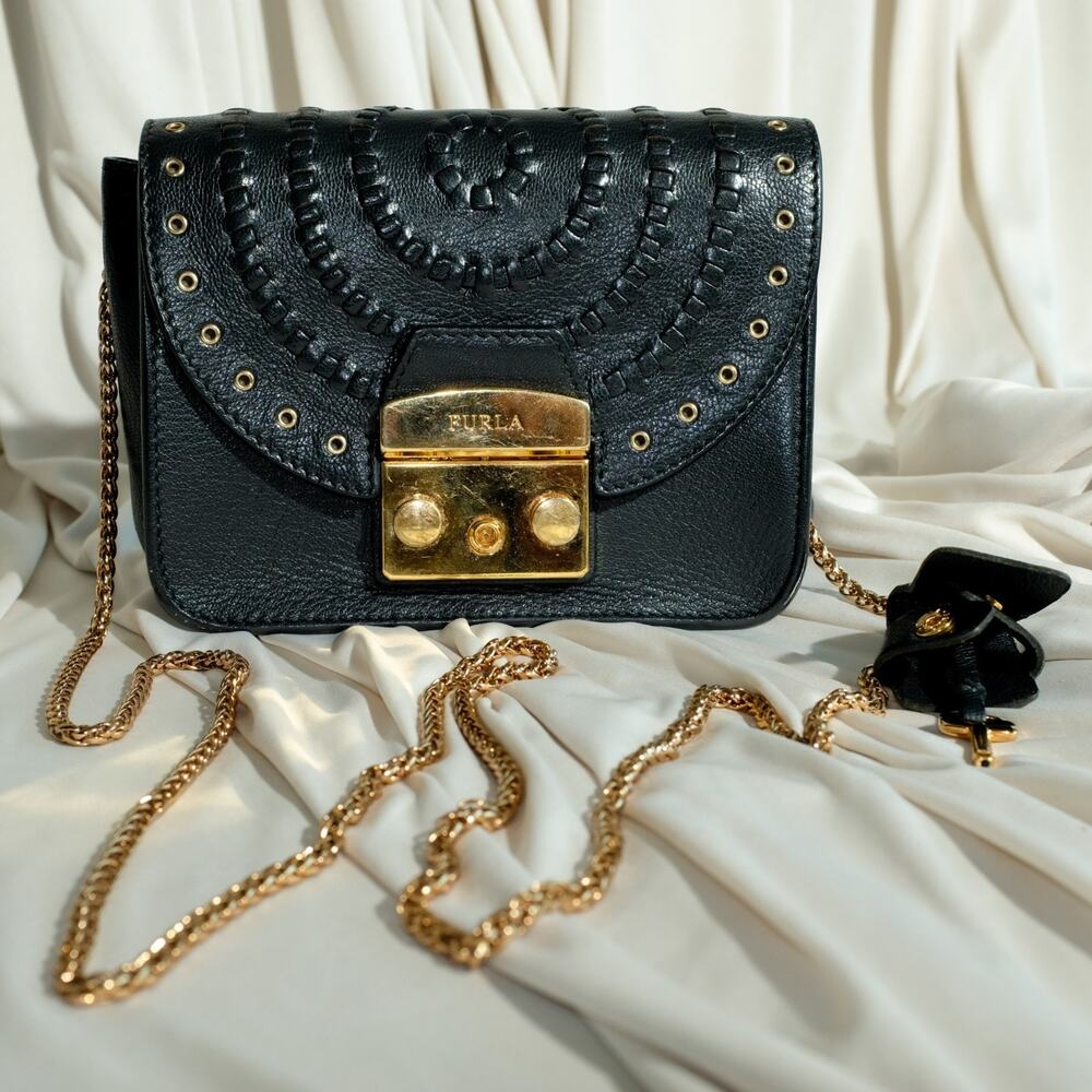 Furla Metropolis Perforated Black Leather Bag - Weave Detail, Gold Hardware